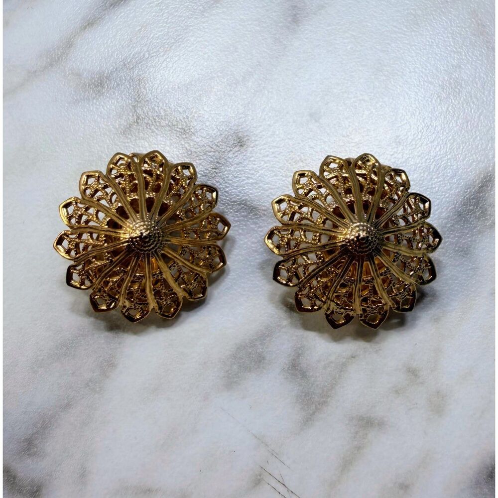 Vintage Napier Gold-Tone Openwork Filigree Dome Clip-On Earrings